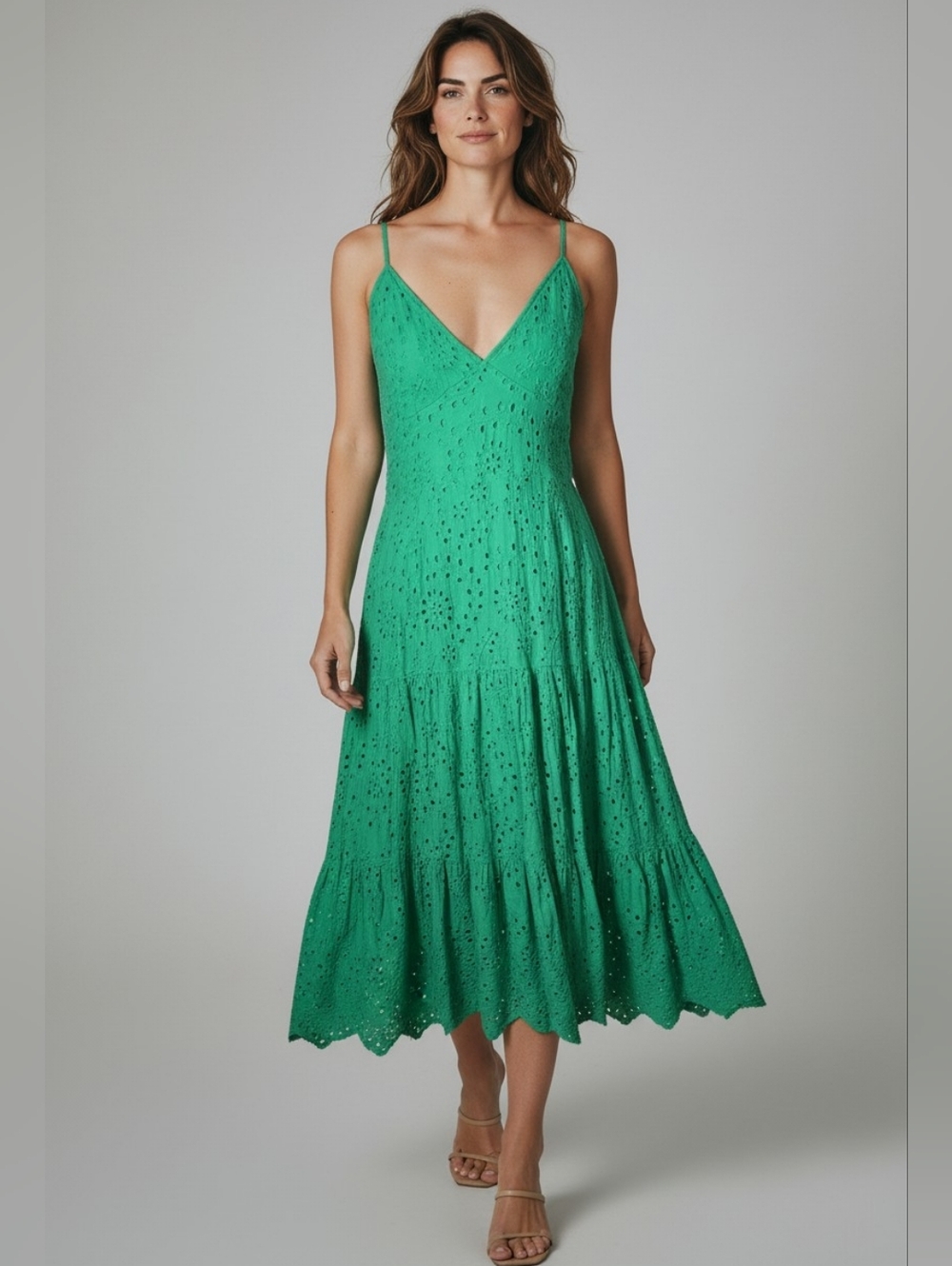 Green Eyelet Maxi Dress with V-Neck